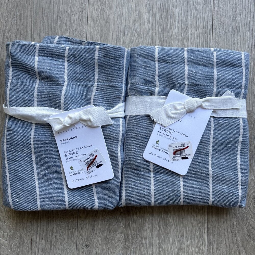 Pottery Barn Belgian Flax Linen Stripe Sham Chambray Blue Standard 26" x 20"